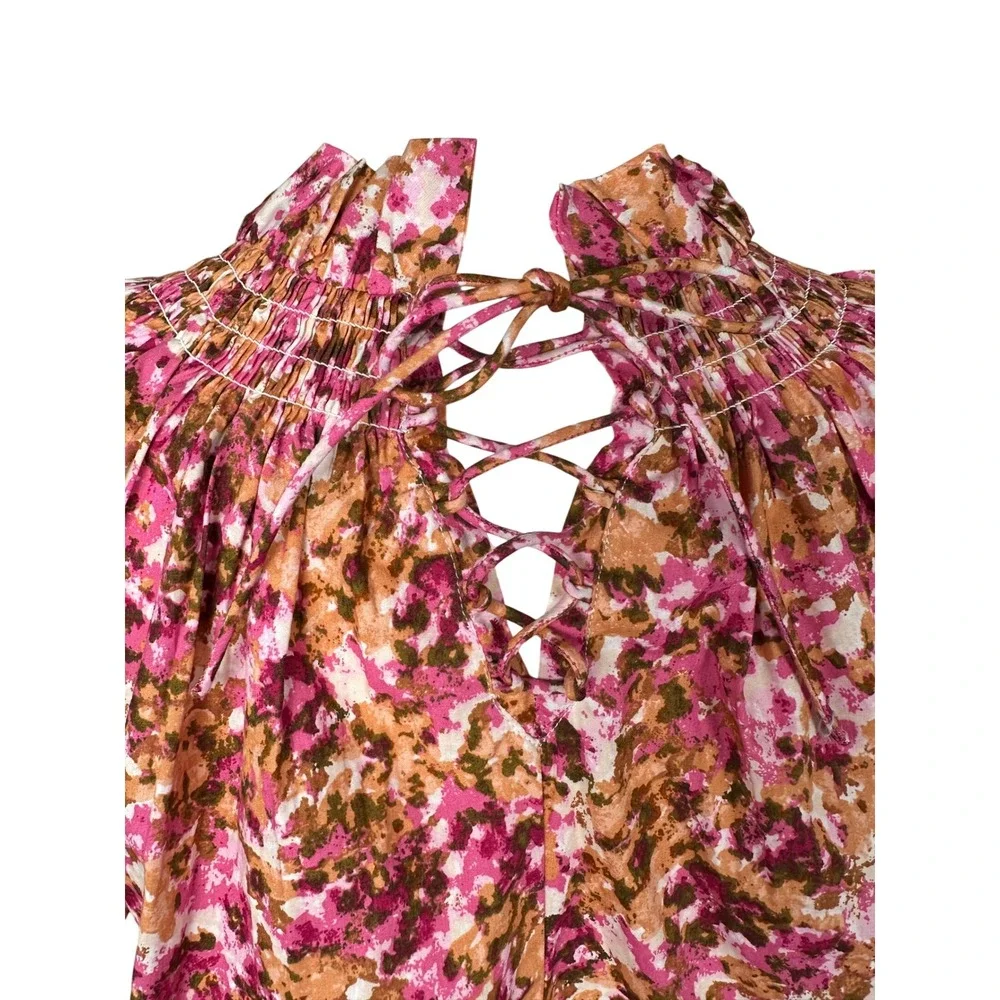 J.Crew Womens Smocked‎ Puff Sleeve Top XS Cottagecore Pink Floral Blouse